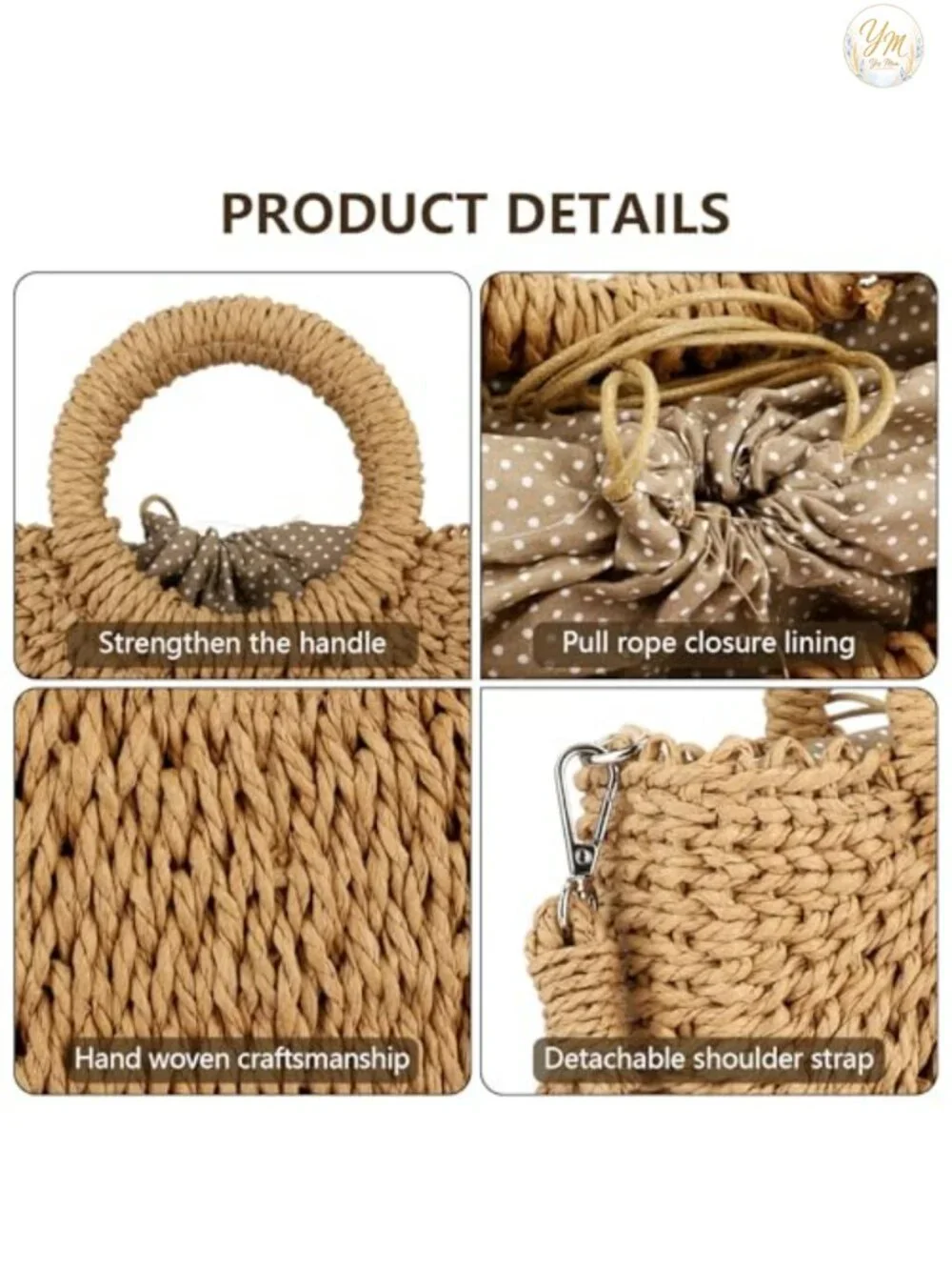 Handwoven Straw Hobo Bag with Drawstring Closure Crossbody Shoulder Purse